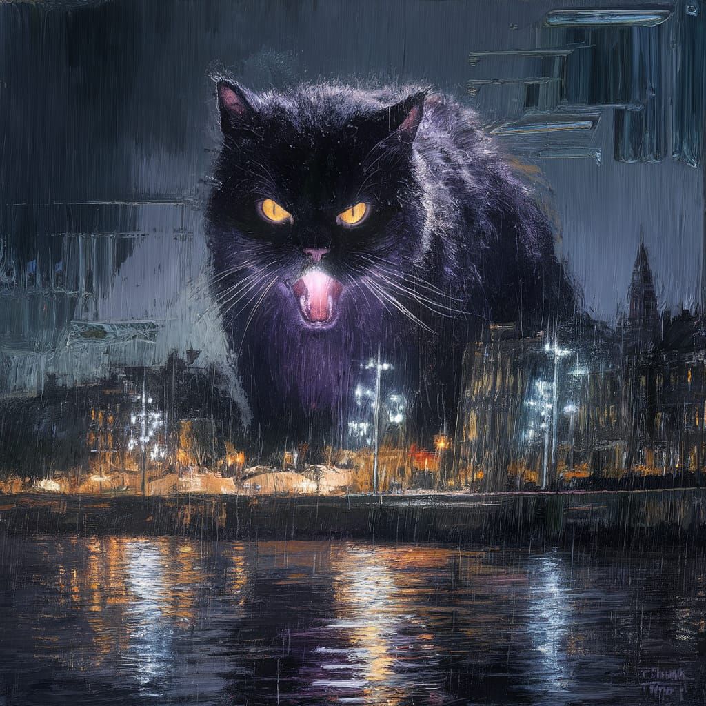 Colossal Fire-Breathing Cat Dominates City as Oil Painting