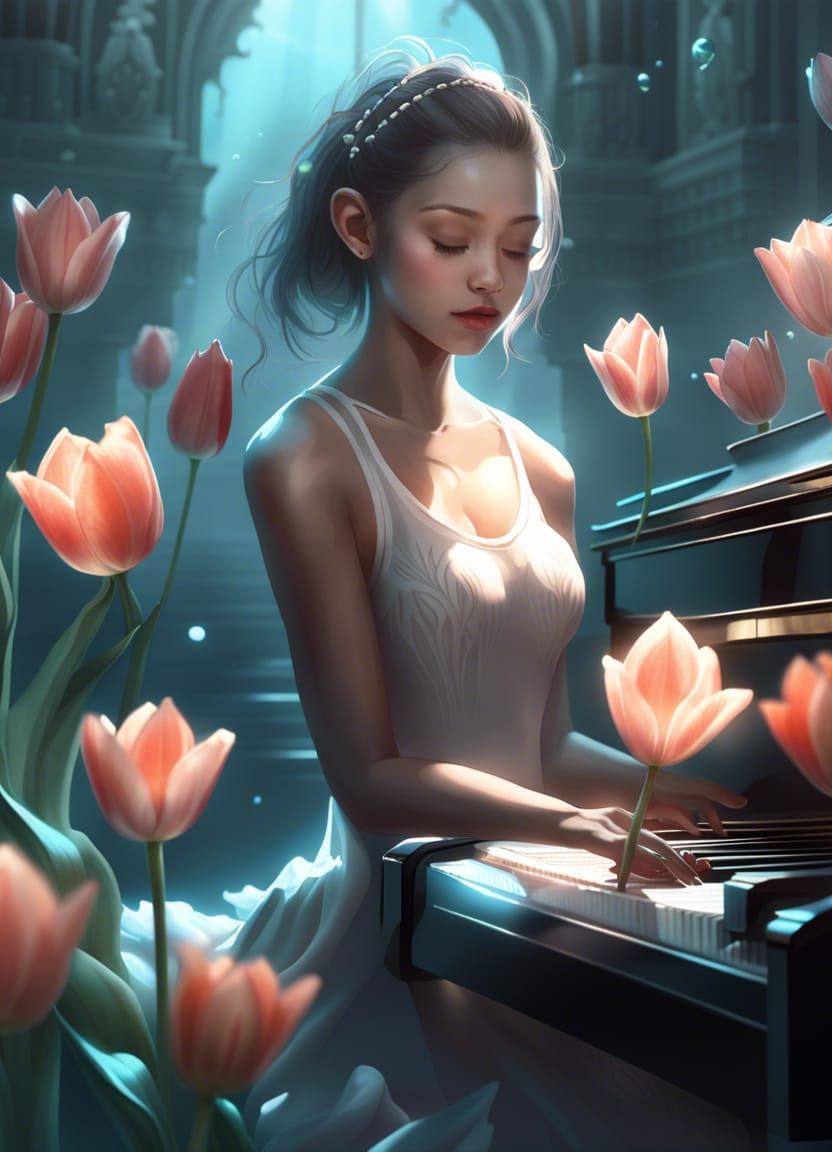 Underwater Tulip Spirit Plays Piano: Digital Illustration