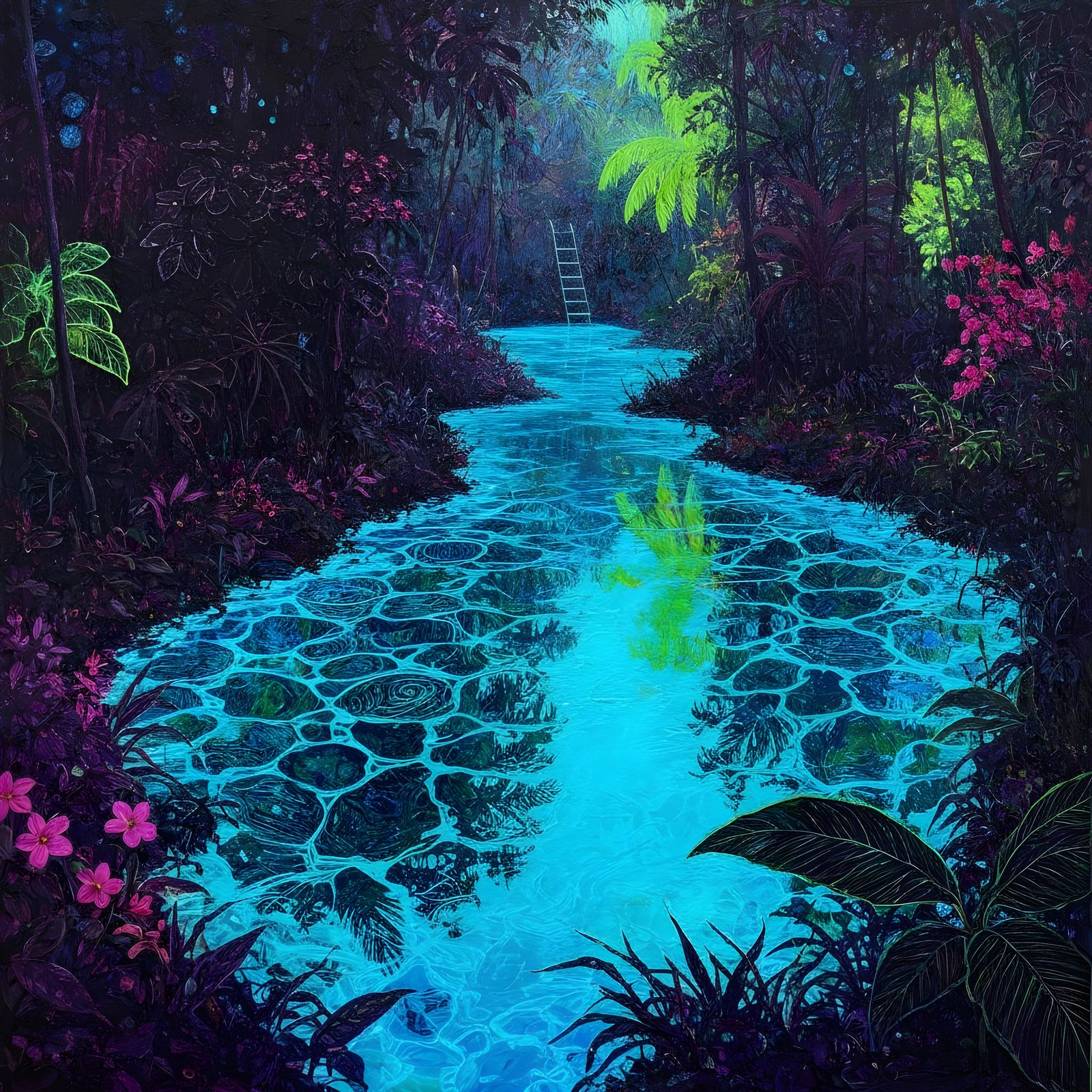 Enchanted Jungle Pool at Night: Electric Blue Glow