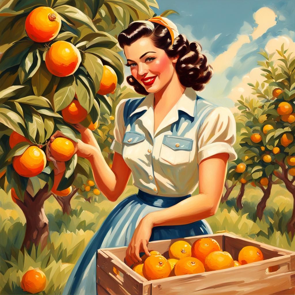 Vintage Pin-Up Picking Oranges in Orchard, Crate Art