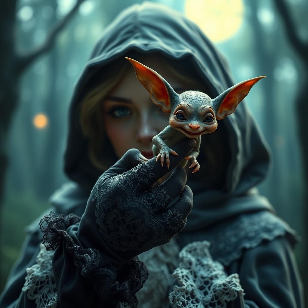 Goblin Perched on a Woman's Finger: Dreamlike Scene