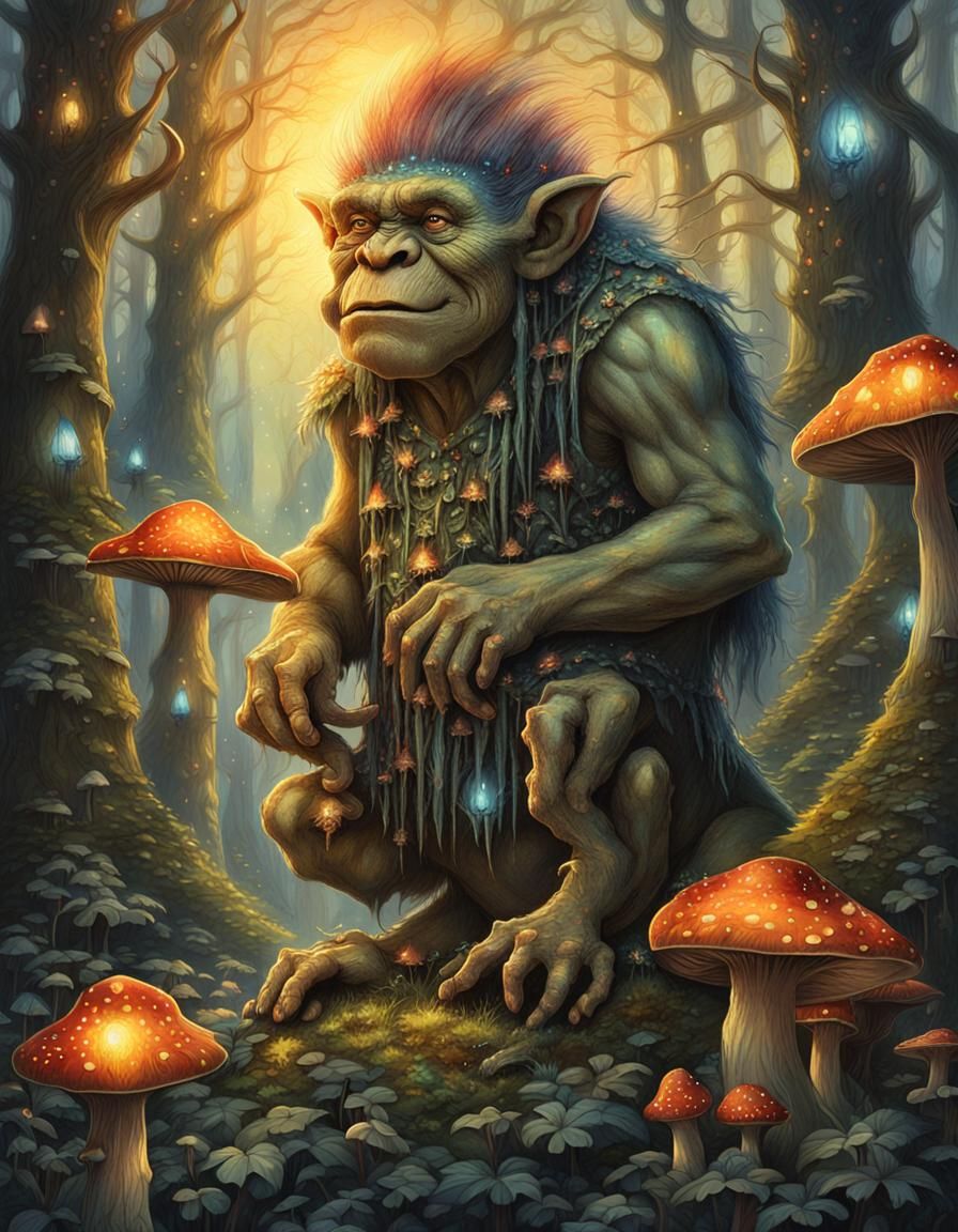 Mystical Troll in Enchanted Forest at Sunset