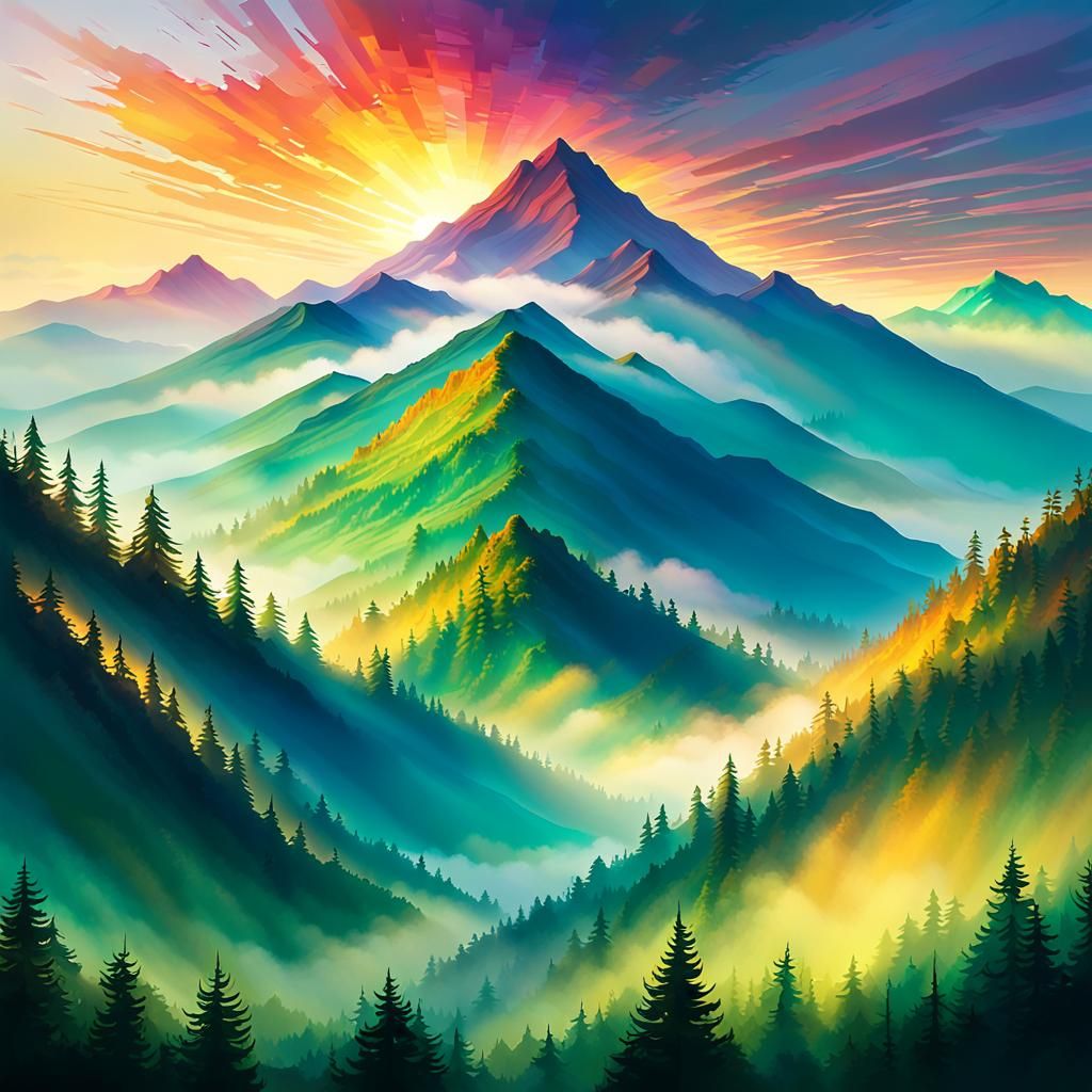 Magical Sunrise Over Misty Mountain Range