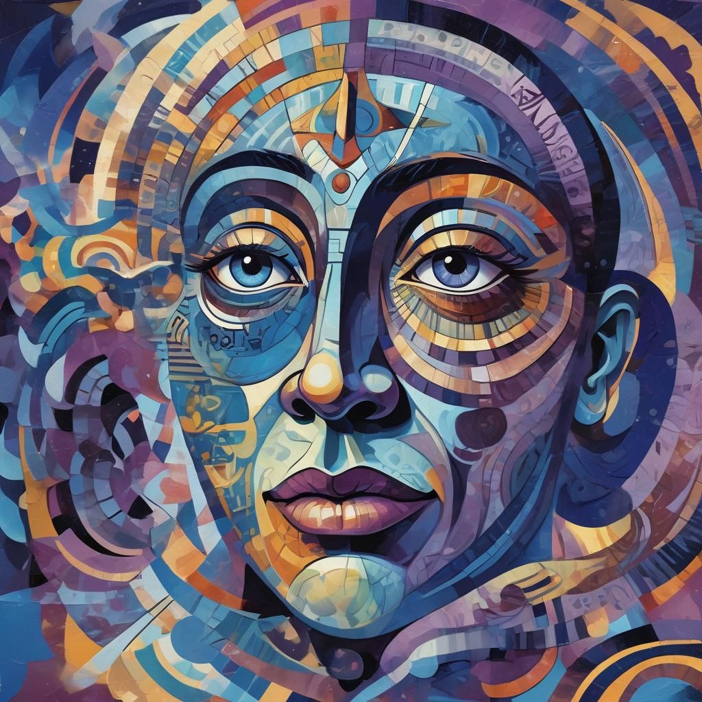 Geometric Cubist Art: Person with Glowing Third Eye