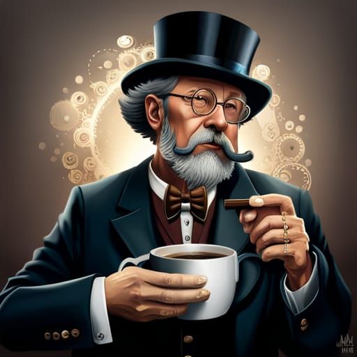 Steampunk Old Man Drinking Coffee Portrait