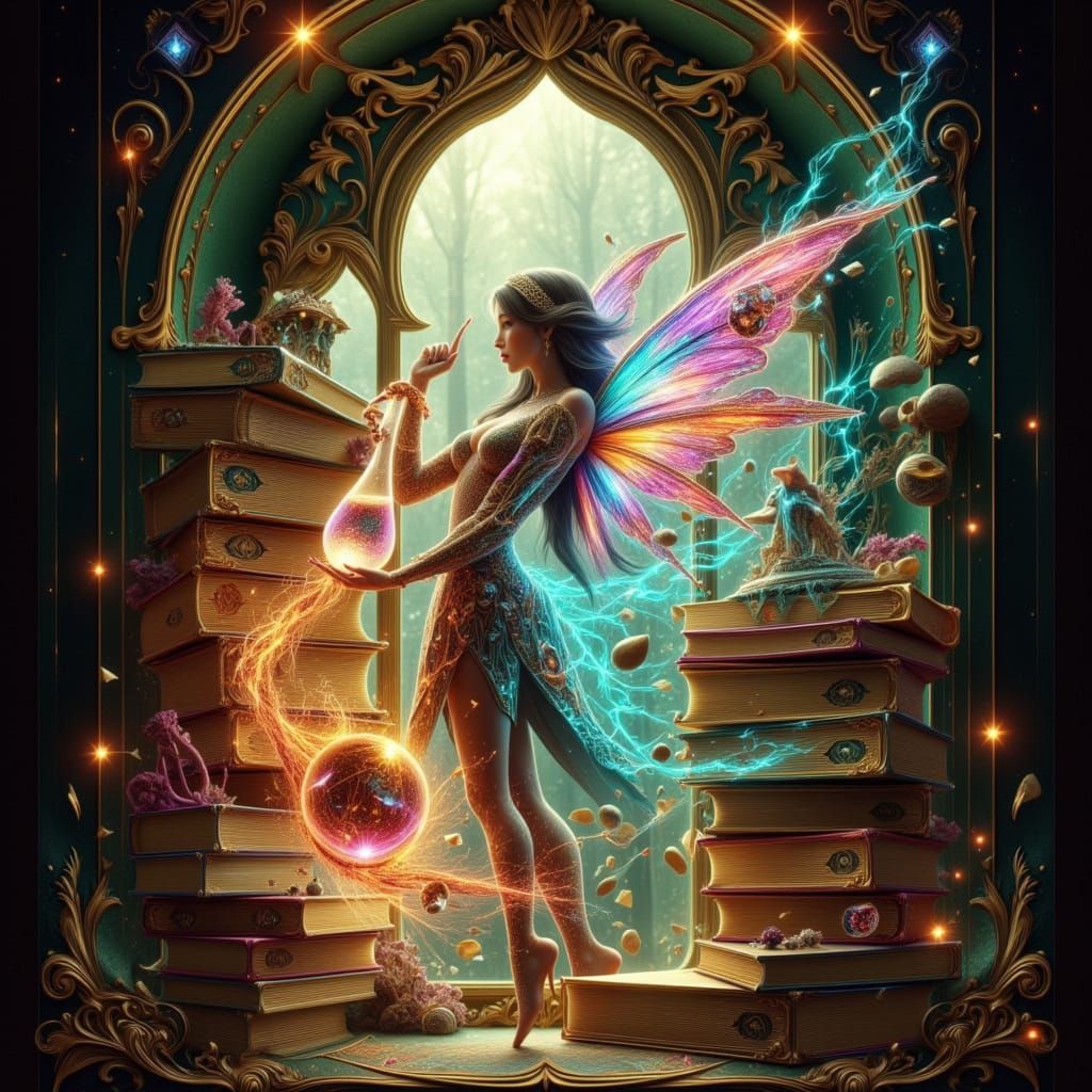 Vibrant Fairy with Spellbooks and Glowing Chemicals