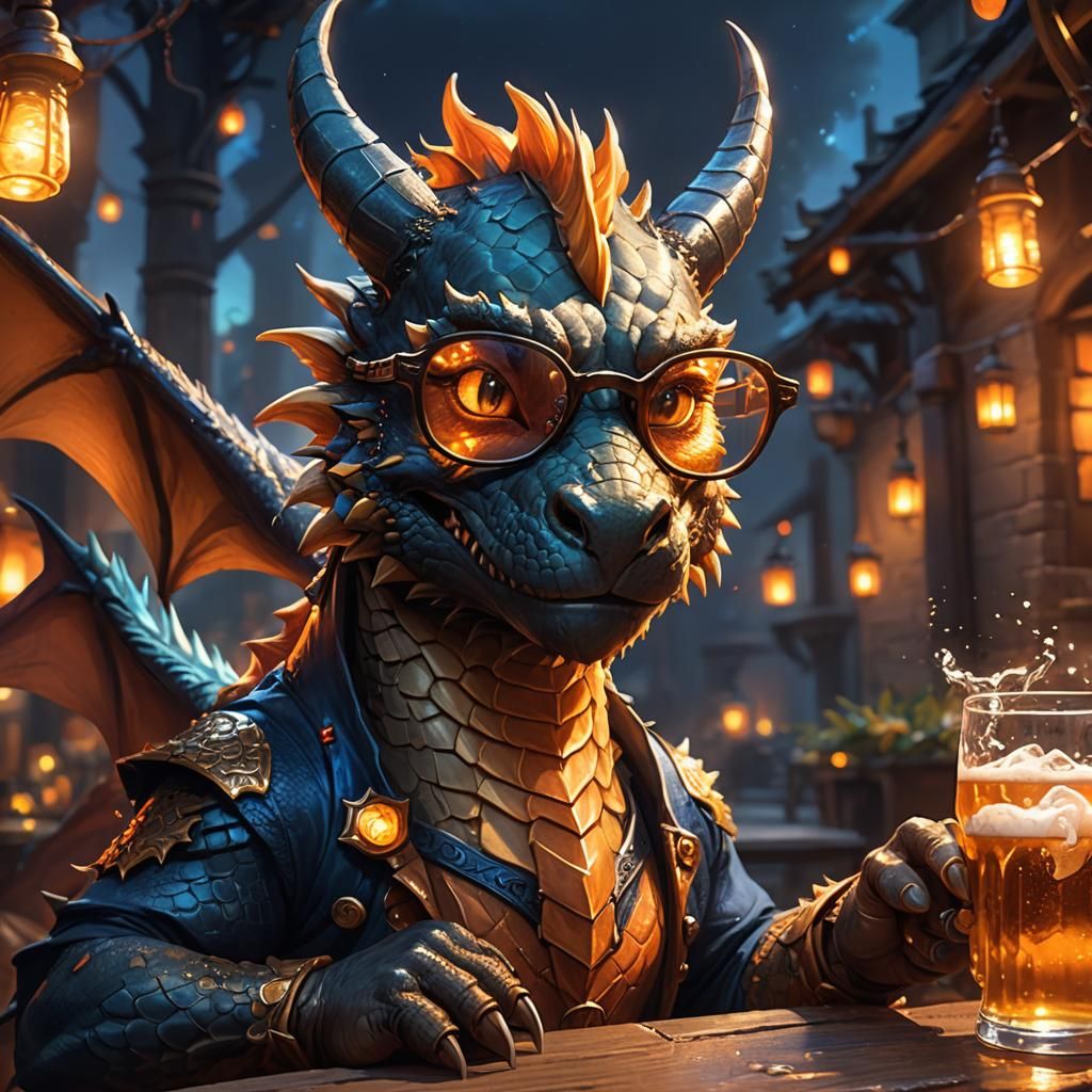 Cute Dragon Drinking Beer in Fantasy Art Style