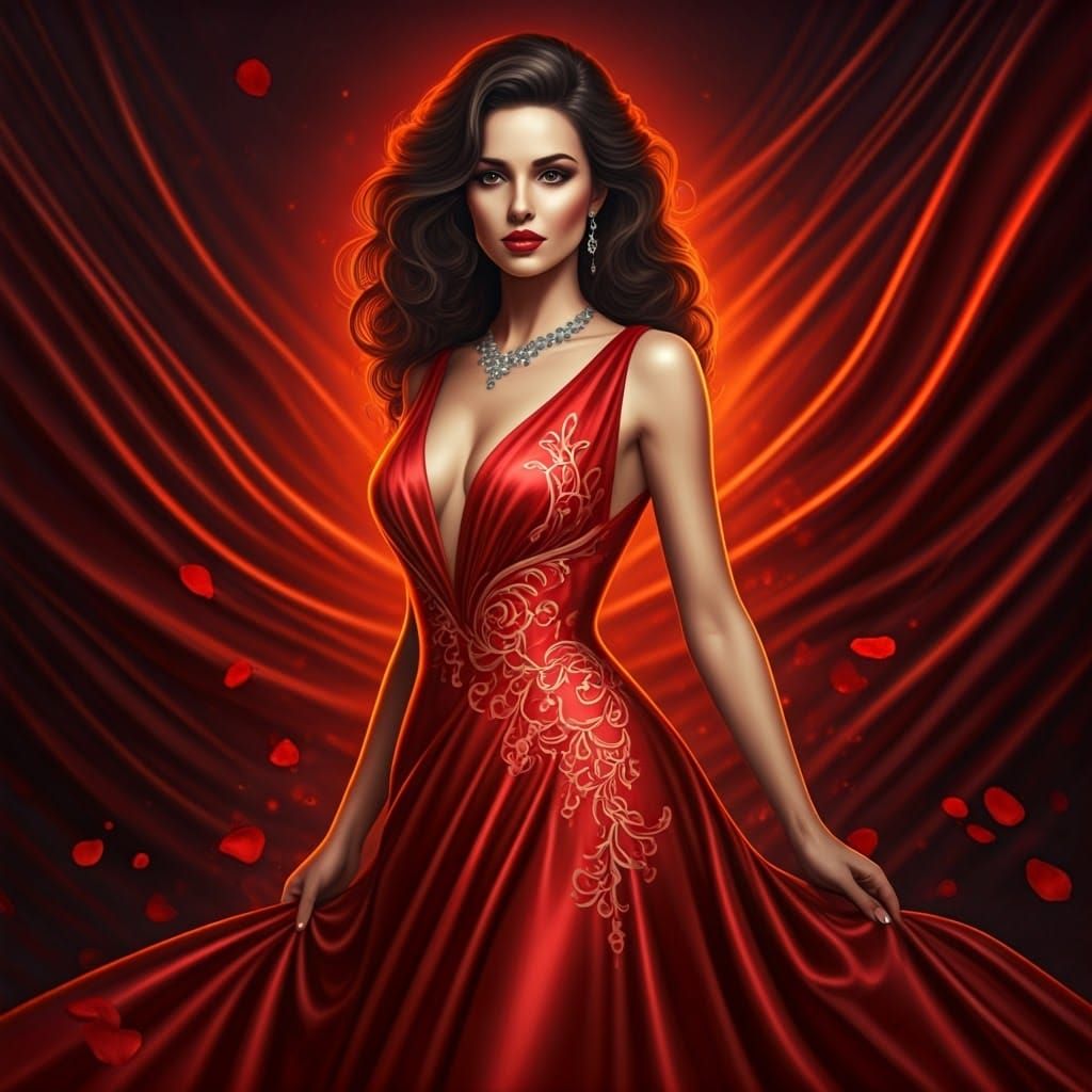 a captivating scene with deep scarlet and ruby hues. The central figure wears flowing red satin with intricate floral em...