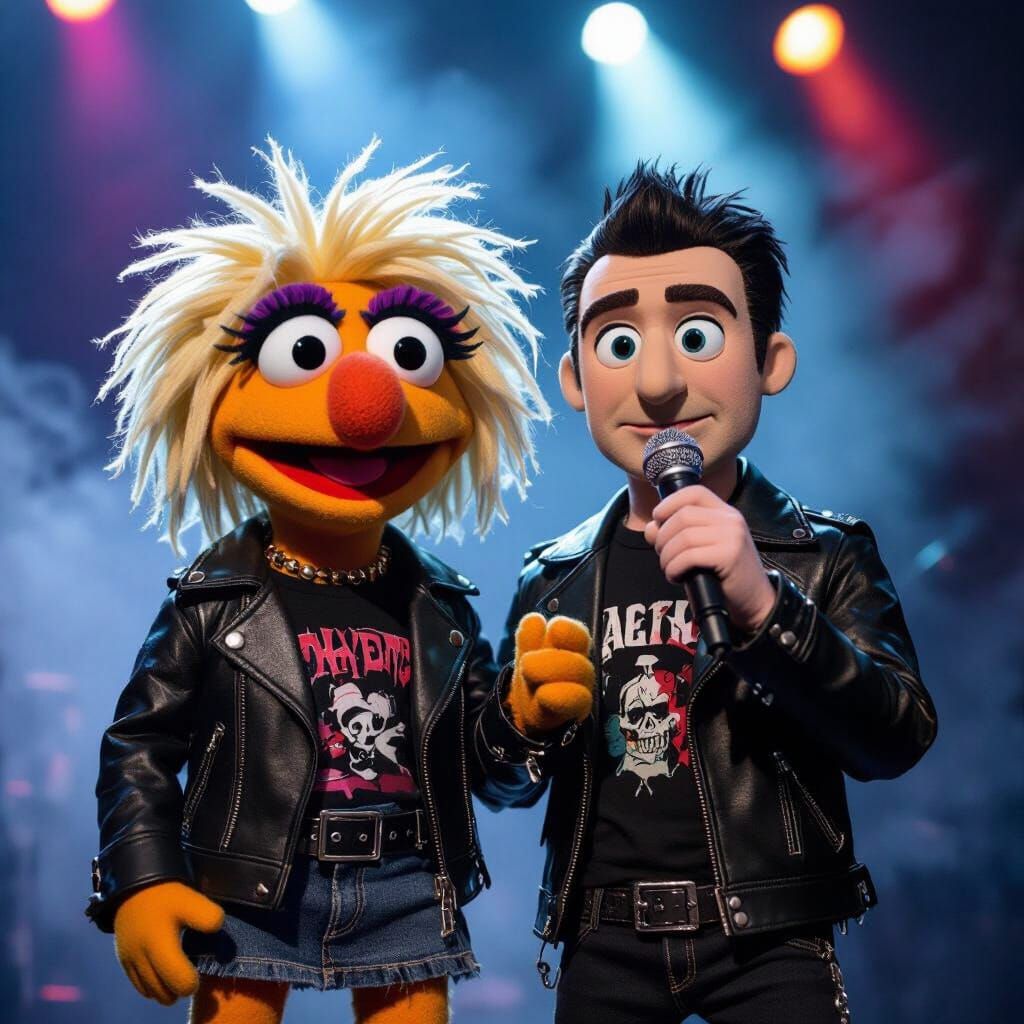 Muppet and Singer on Stage in Cinematic Style