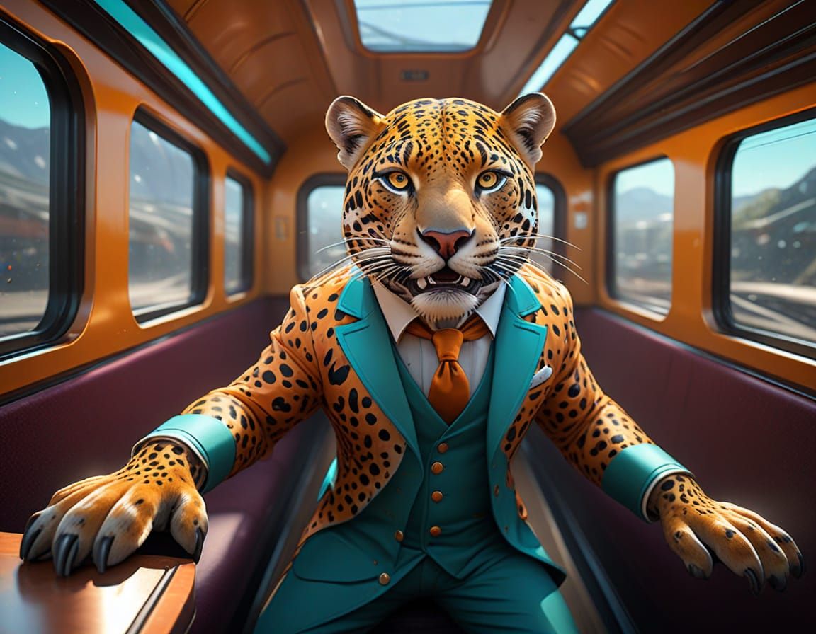 Happy Jaguar Conductor on a Train, Detailed Art