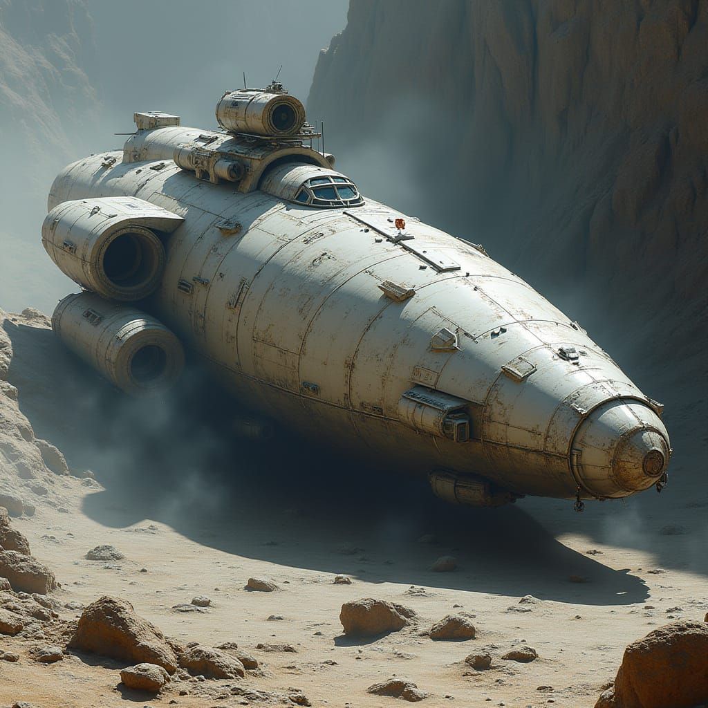 Crashed Starship on Lunar Cliff, Hyper Realistic Style