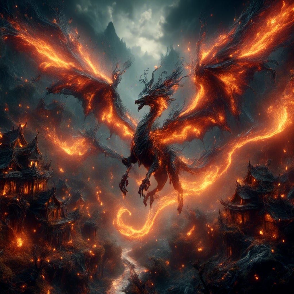 Dragon Burning Village: Professional Photography Style