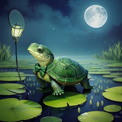 Singing Turtle on Lily Pad in Watercolor Style