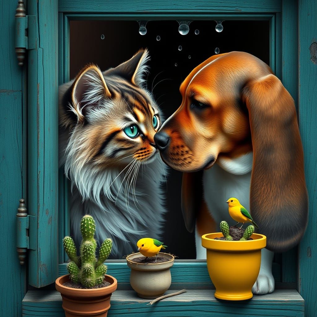 Cat and Basset Hound Portrait by Window