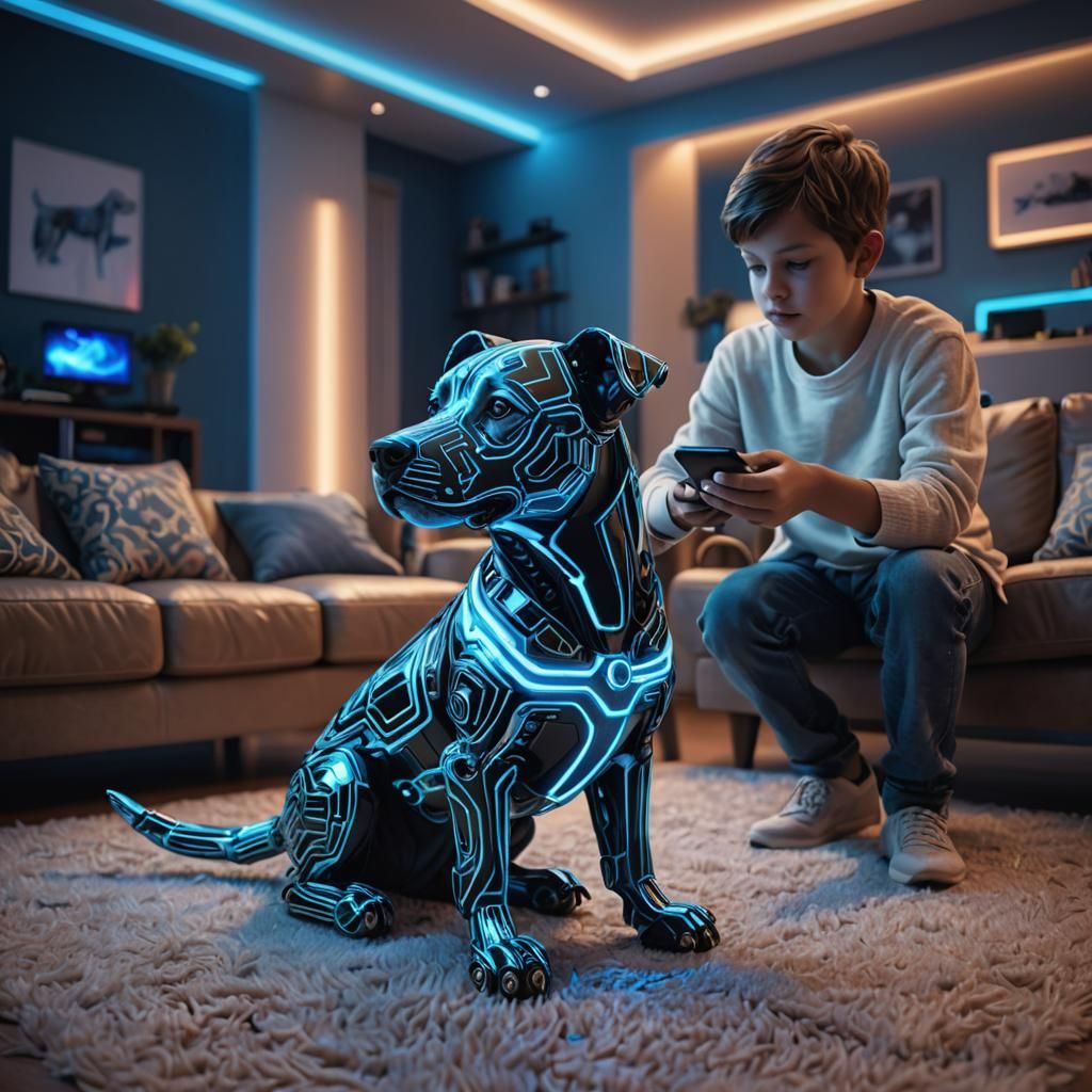Boy and Robot Dog in Futuristic Living Room