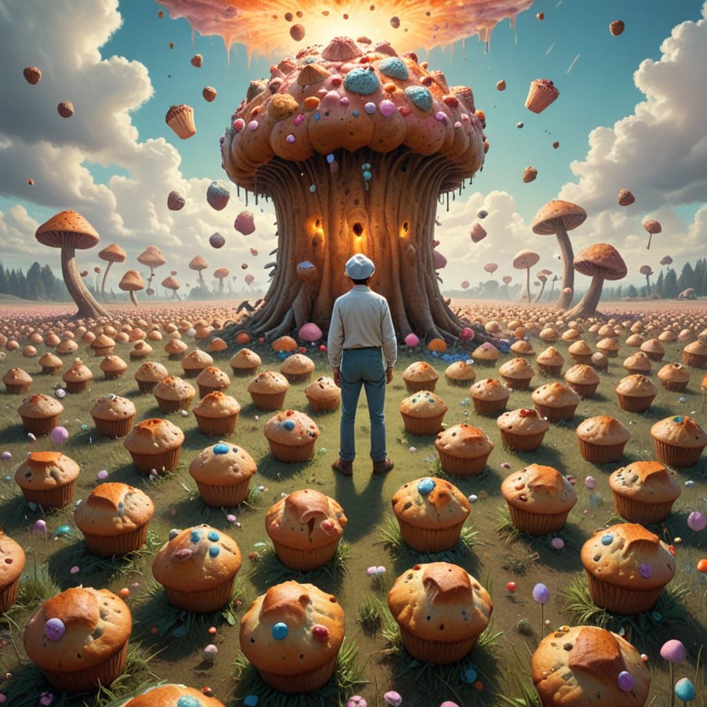 Surreal Muffin Man in a Field of Giant Muffins