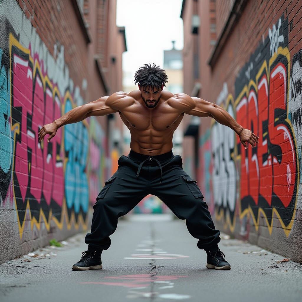 Breakdancer in Urban Alleyway, Street Art Style