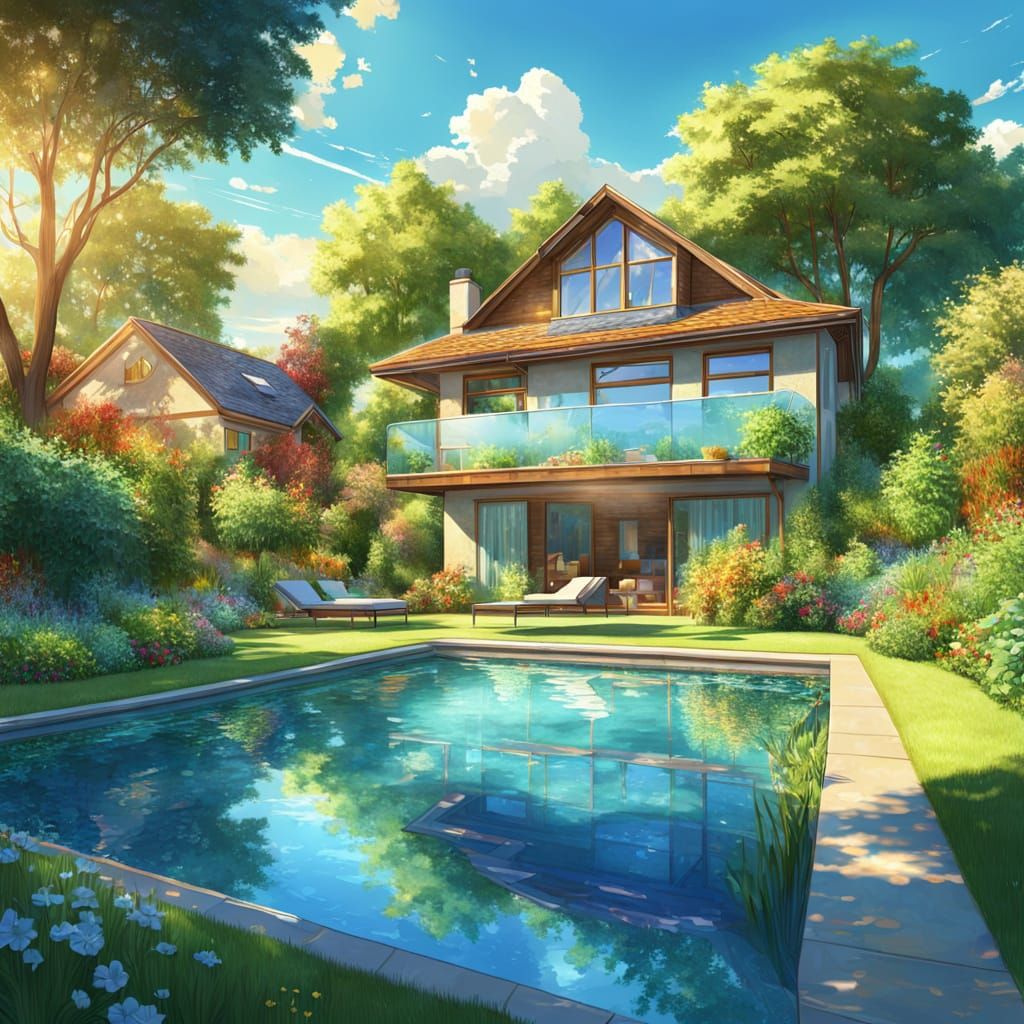 Vibrant Digital Painting of a Backyard Pool in Summer