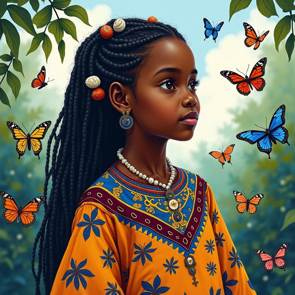 Young Woman in Dashiki with Butterflies: African Art Style