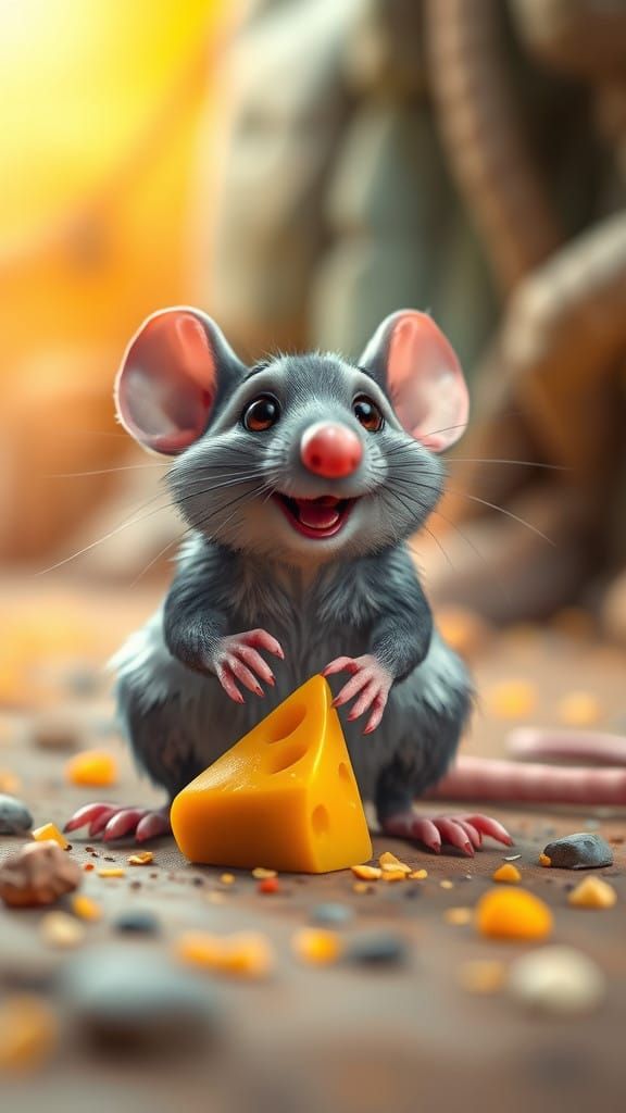 Rat Plays with Cheese in a Vibrant Fantasy Landscape