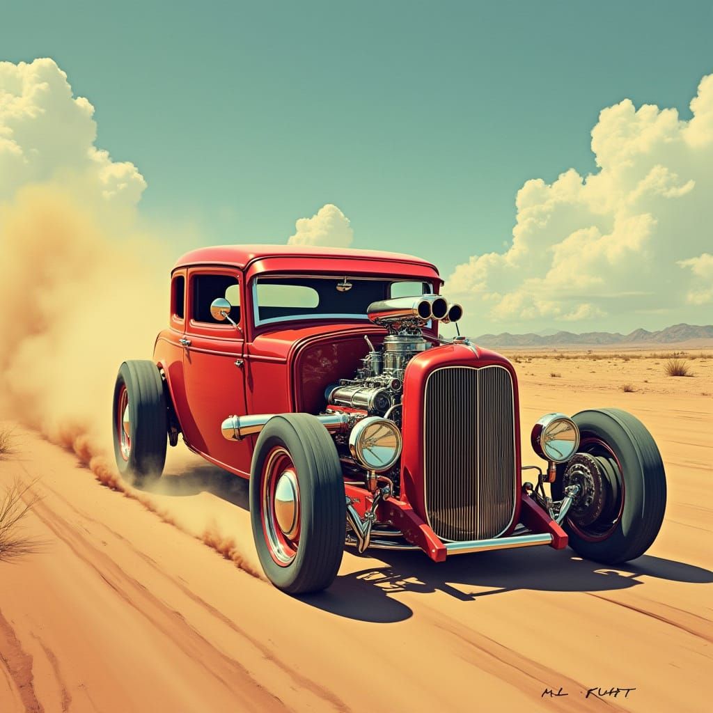 Classic Hot Rod Roaring Through Desert Landscape