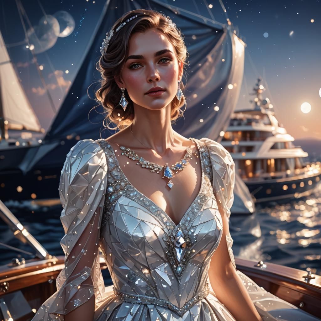 Woman on Yacht with Sparkling Sea Lights