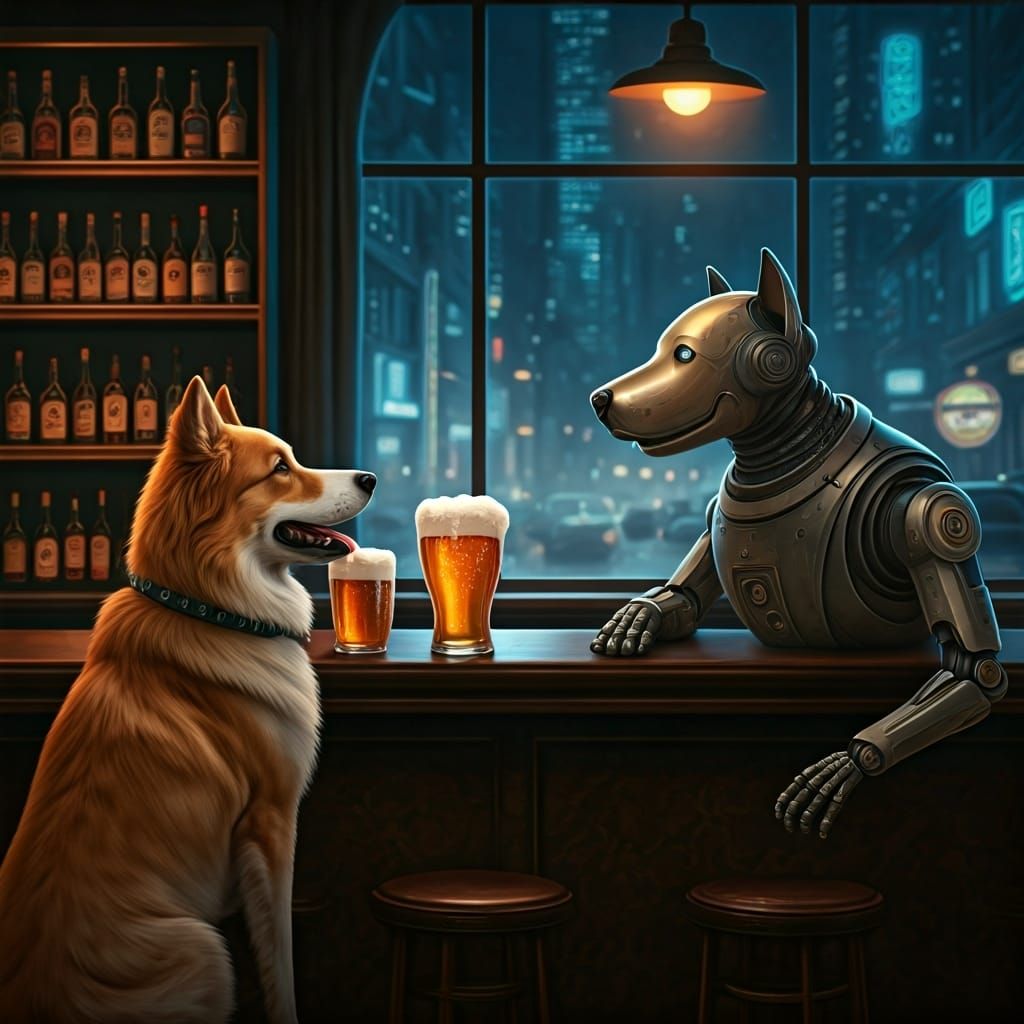 Dogs Chatting at Bar in Cyberpunk Cityscape