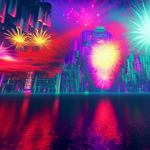 Cyberpunk Fireworks Over Lake: Detailed Matte Painting