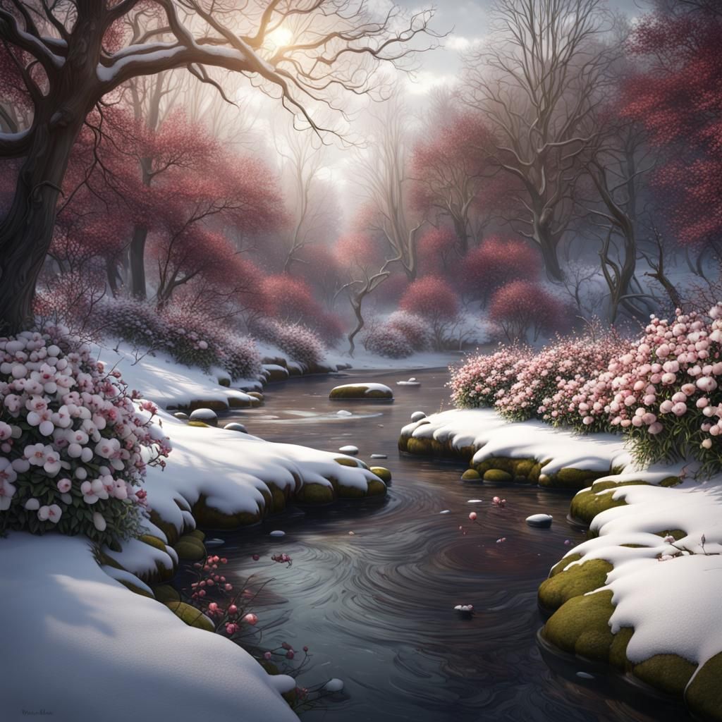 Snowy Winter River with Winter Flowers