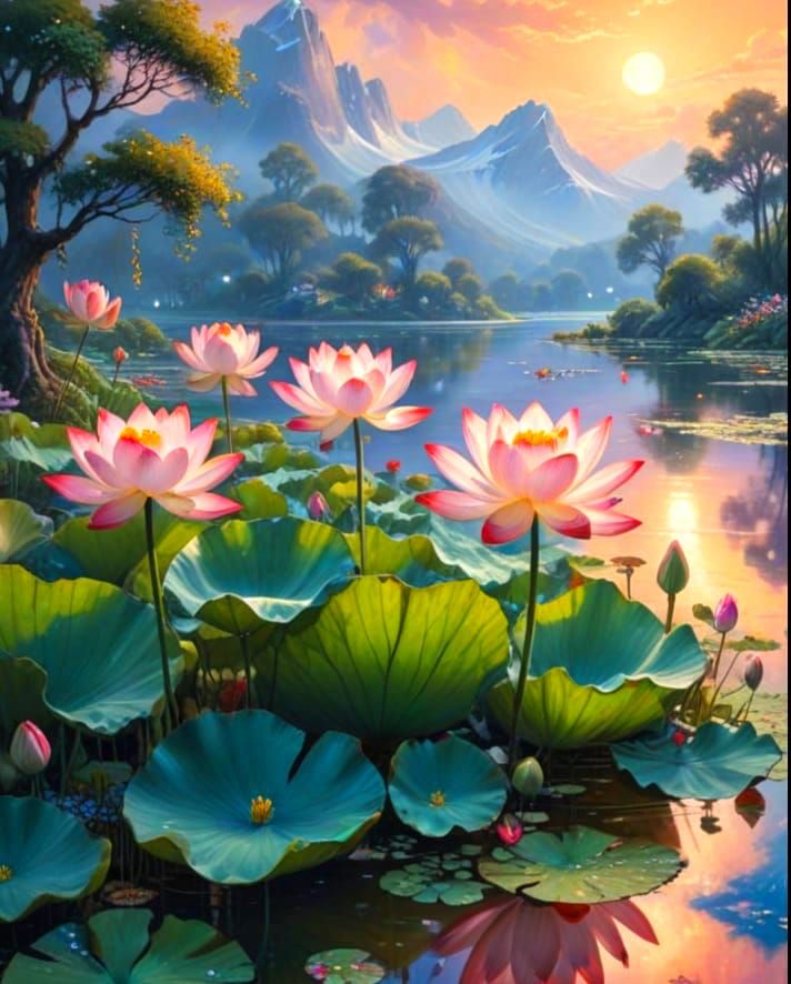 Hyperrealistic Lotus Lake at Dusk: Dreamlike Oil Painting