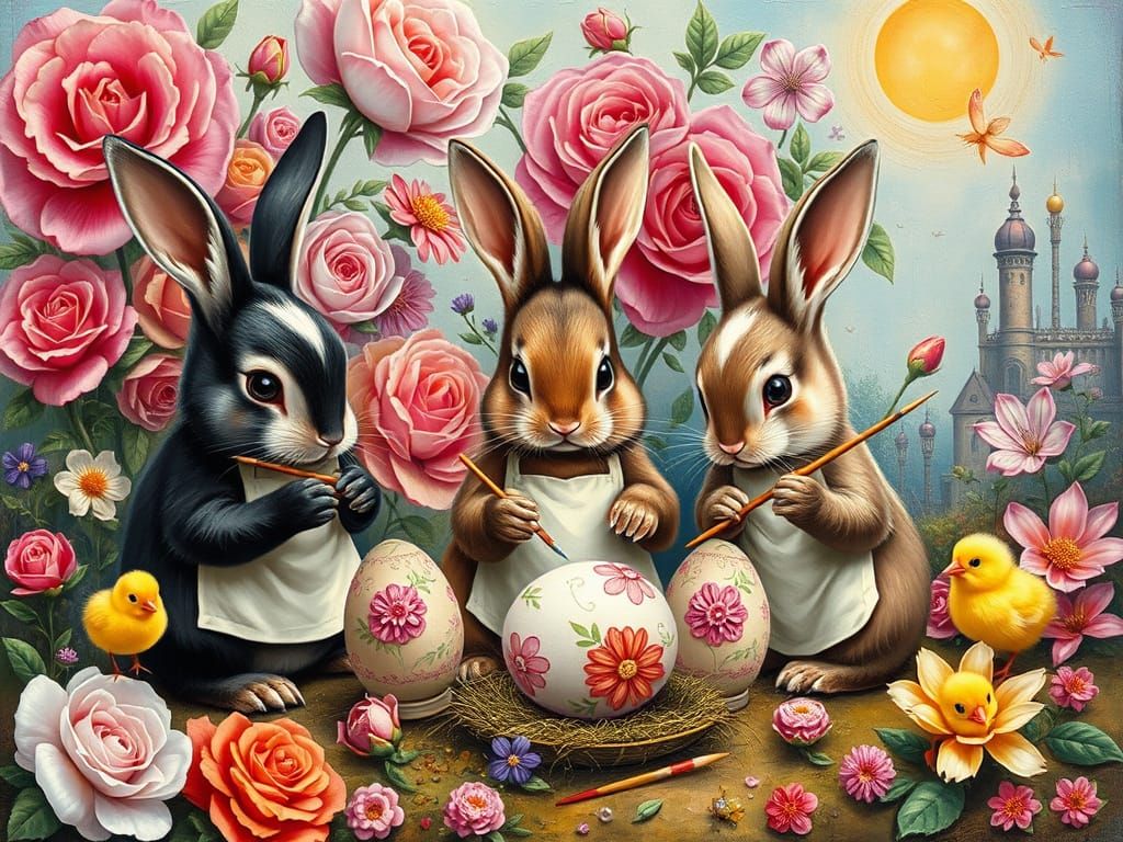 Whimsical Bunnies Painting Easter Eggs in Surrealist Style