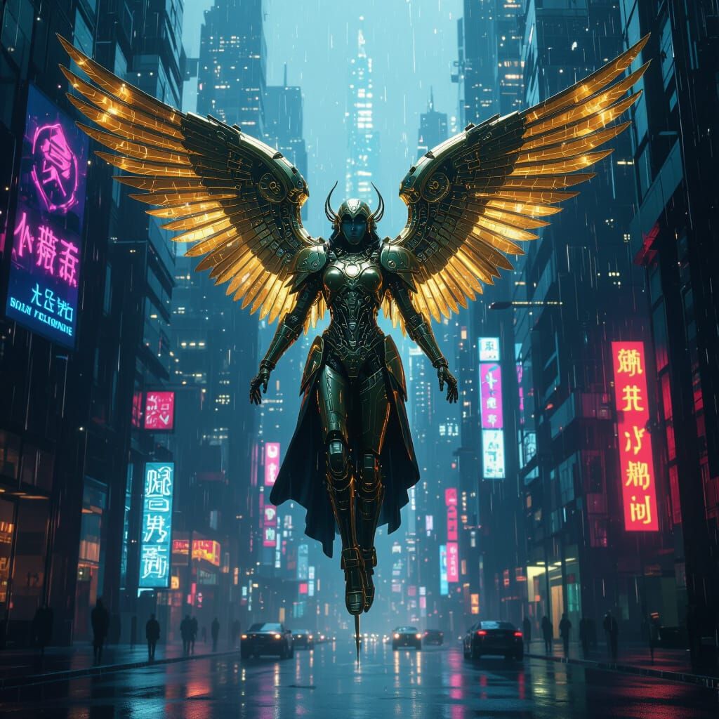 Clockwork Angel Descends on Neon Cyberpunk City
