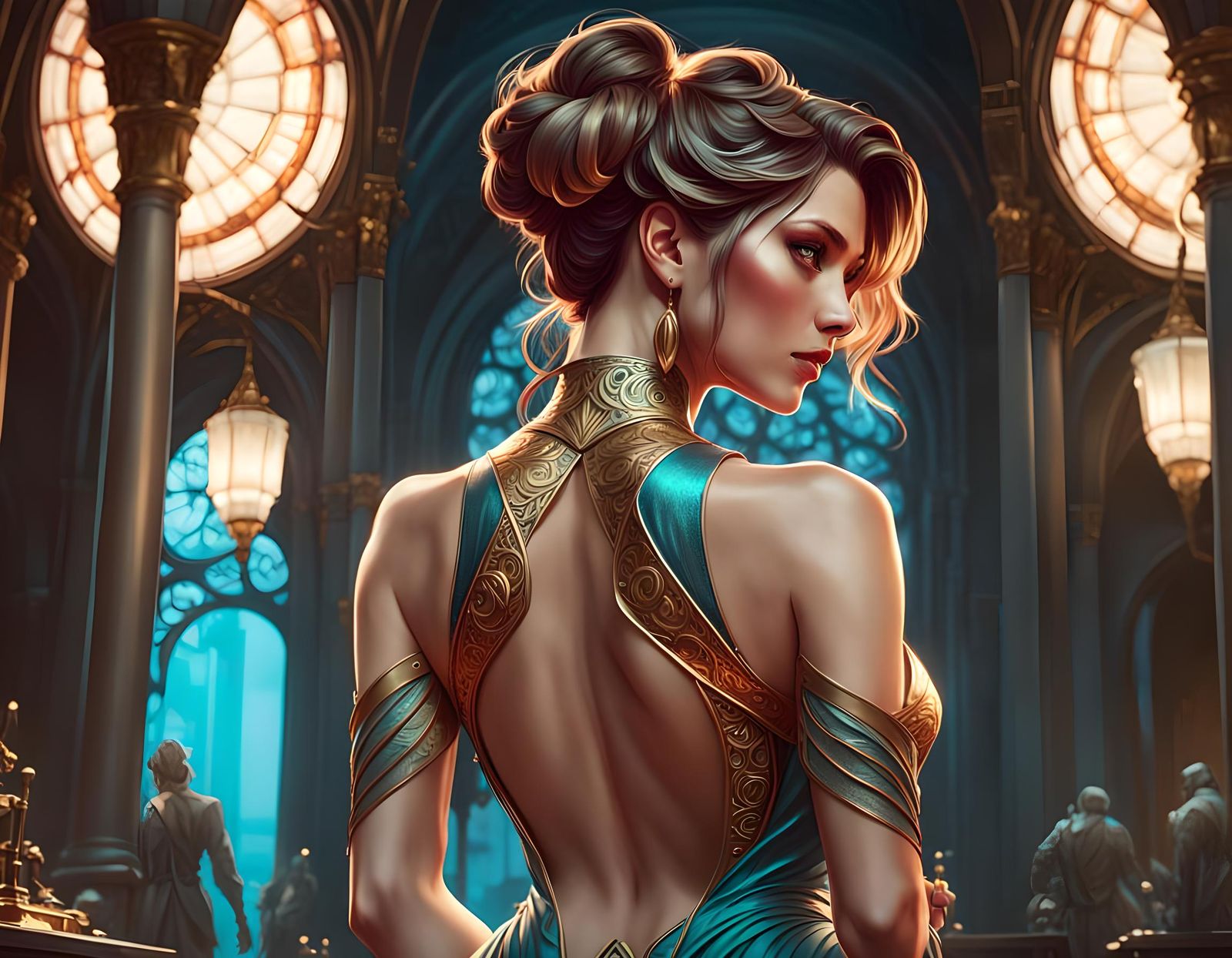 Seductive Back View Portrait in Art Nouveau Style