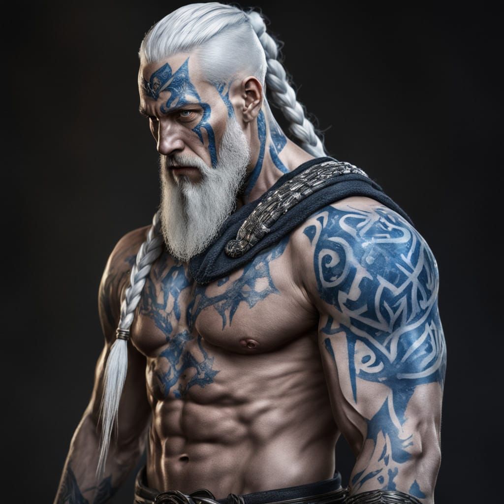 Muscular Blue Tattooed Warrior in Hyper Realistic Photograph...