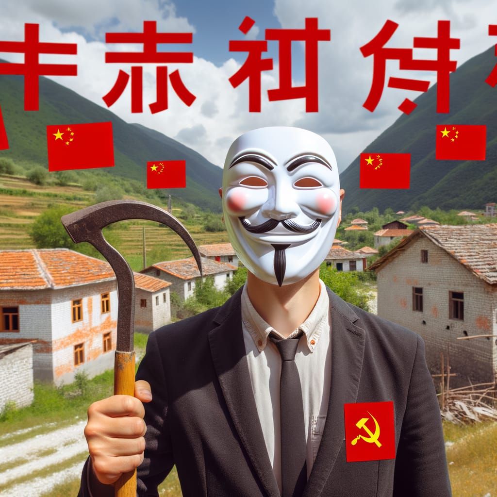 Man Holding Hammer and Sickle in Albanian Village