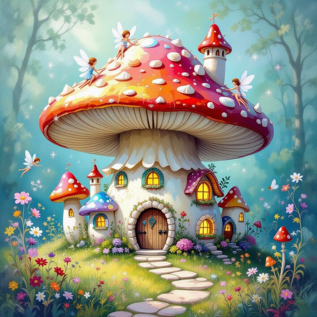 Dreamlike Fairy Village Inside Iridescent Toadstool, Impasto...