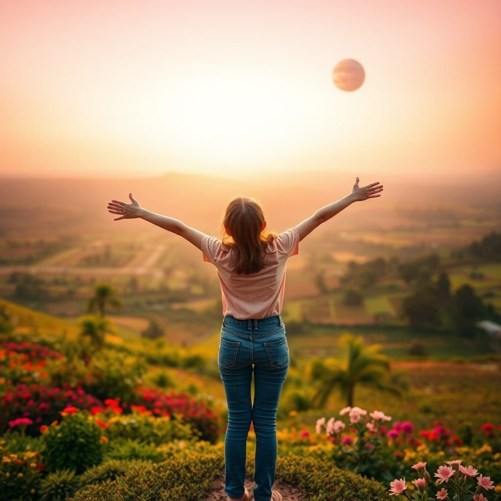 Vibrant Landscape with Girl Basking in Red Sky