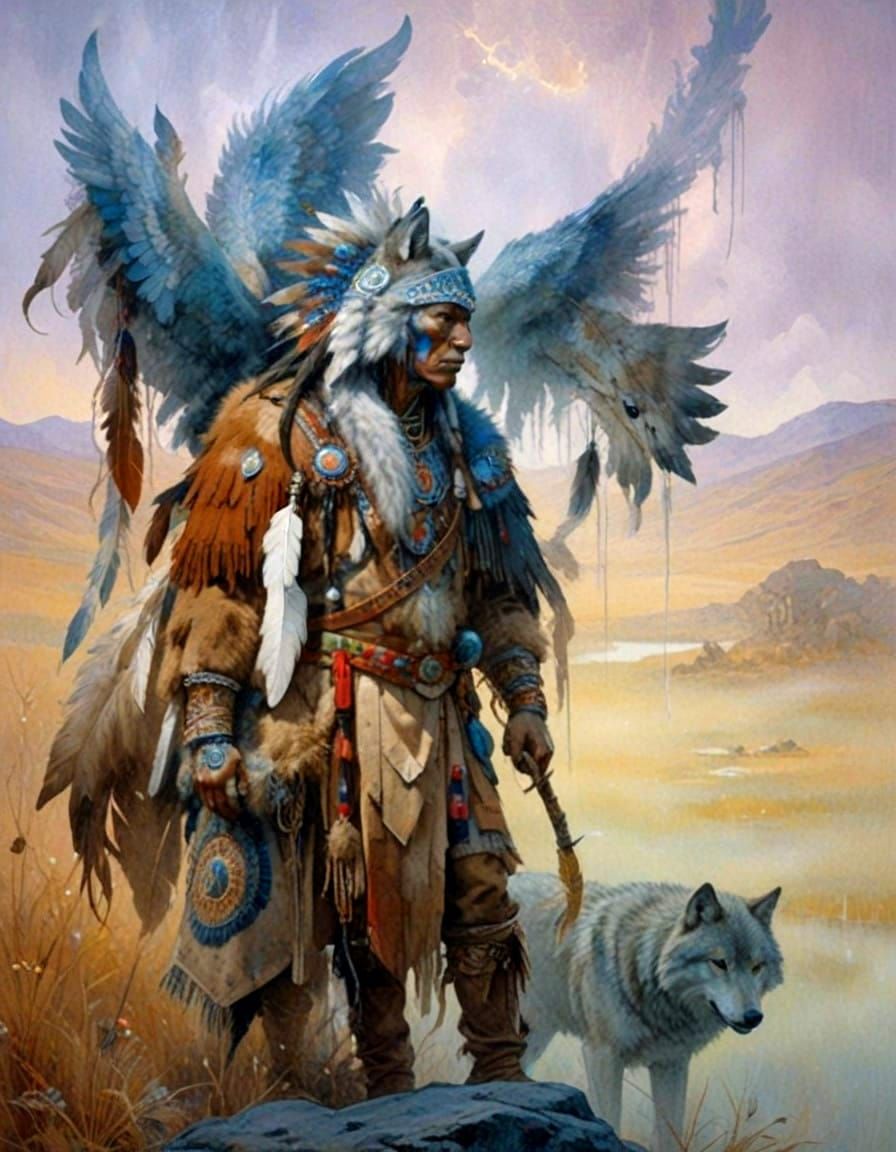 Native American Warrior in Ethereal Landscape, Eagle and Wol...