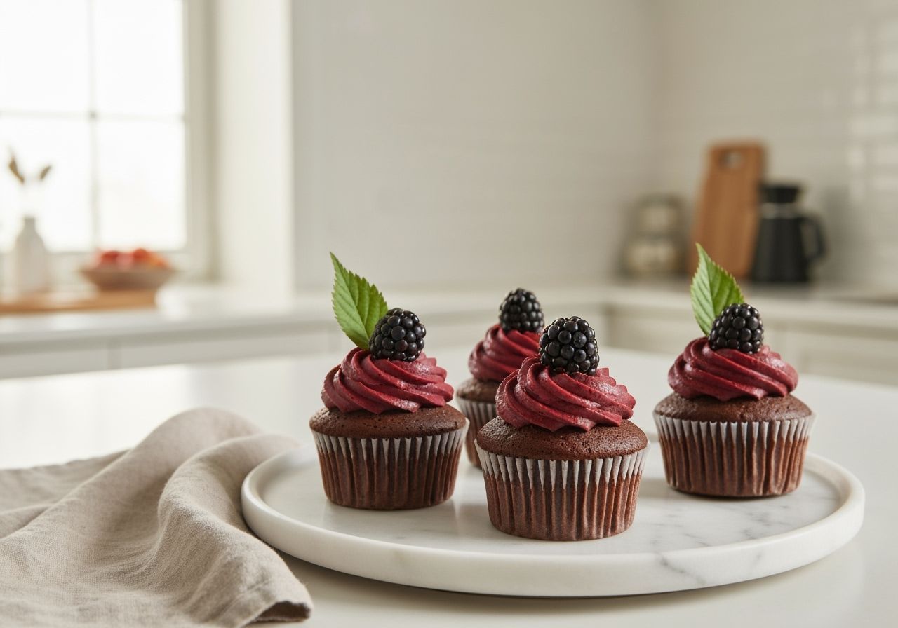 Chocolate Cupcakes with Blackberry: Minimalist Kitchen Scene
