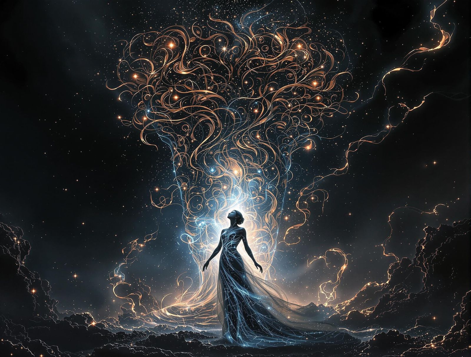 Mystical Dark Energy Goddess Amidst Cosmic Vase