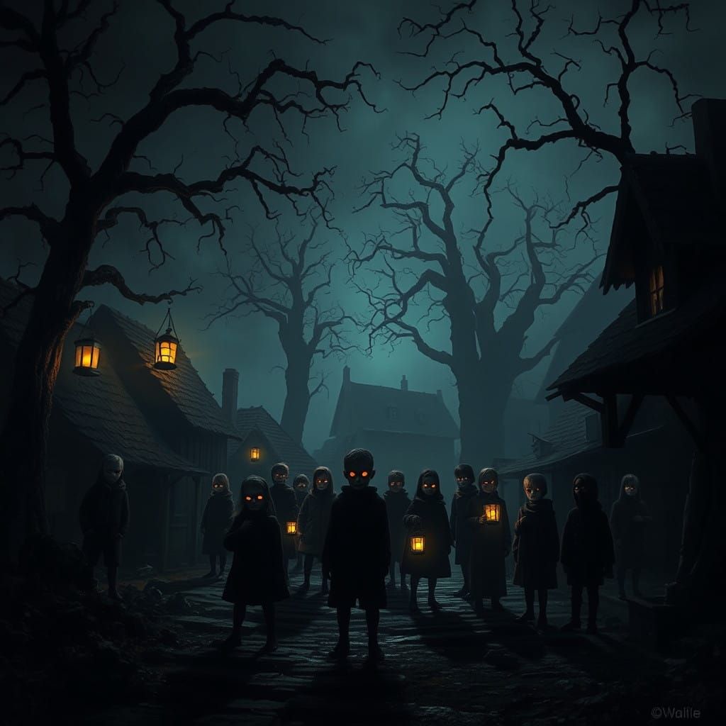 Creepy Village Scene in an Ominous, Surreal Aura