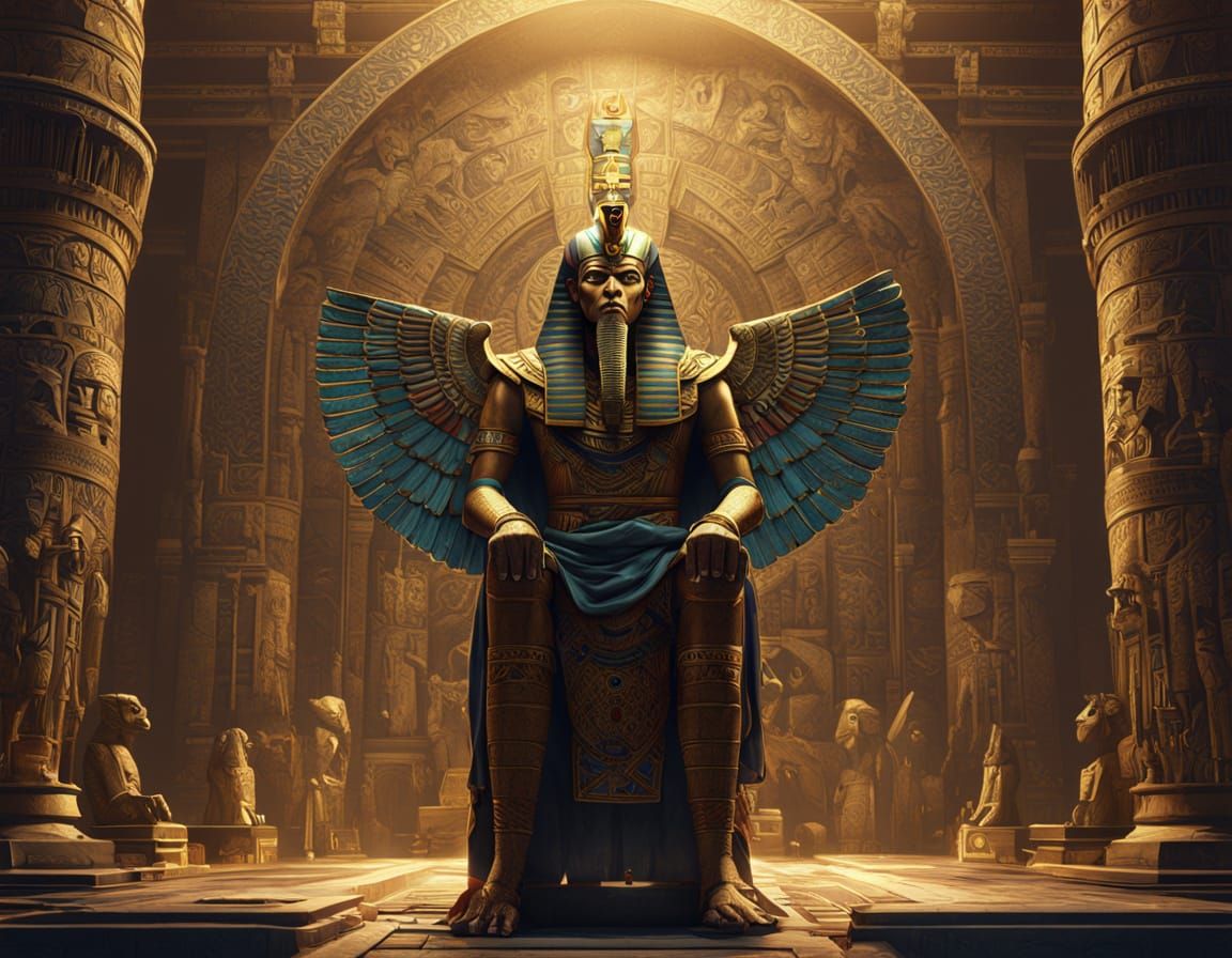 Egyptian God Ptah on Throne in Dark Fantasy Style