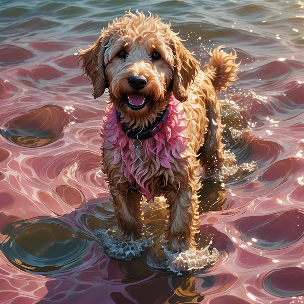 Pink Golden Doodle Swimming in Sunlit Ocean