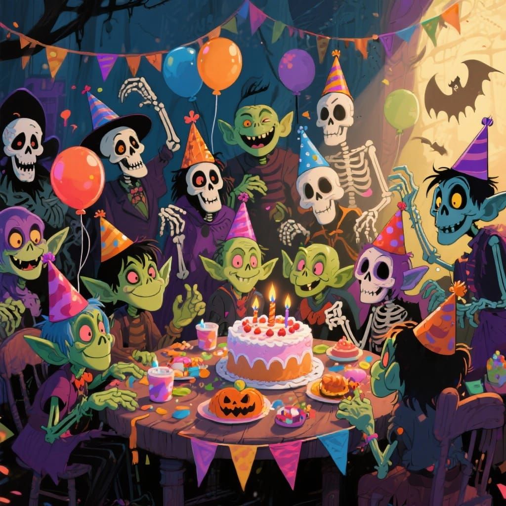 Halloween Characters Celebrate Birthday With Goblins & Skele...