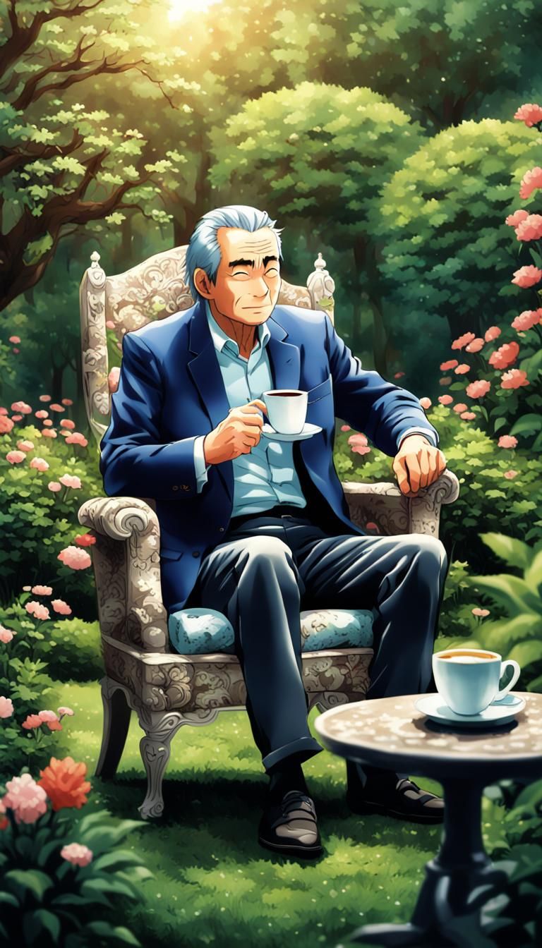 Man Sipping Coffee in Anime Garden