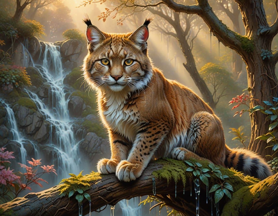 Ethereal Lynx Portrait in Golden Light, Kinkade Style
