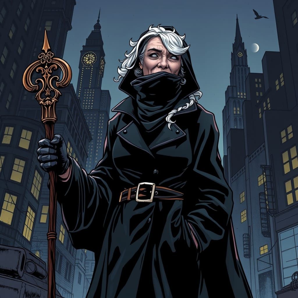 Sinister Granny in Dark City, Comic Book Art