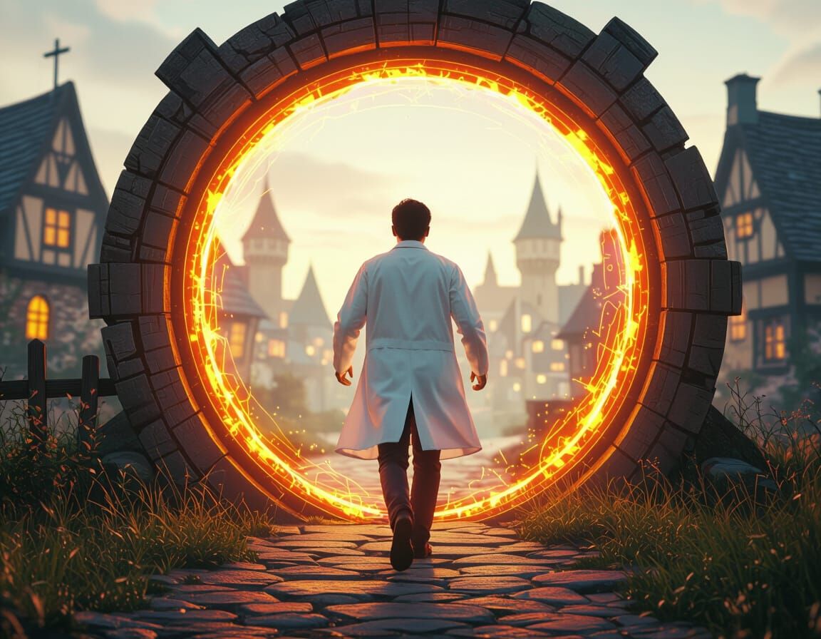 A bespectacled scientist in a white lab coat, stepping through a vibrant, glowing portal, with a blurred medieval villag...