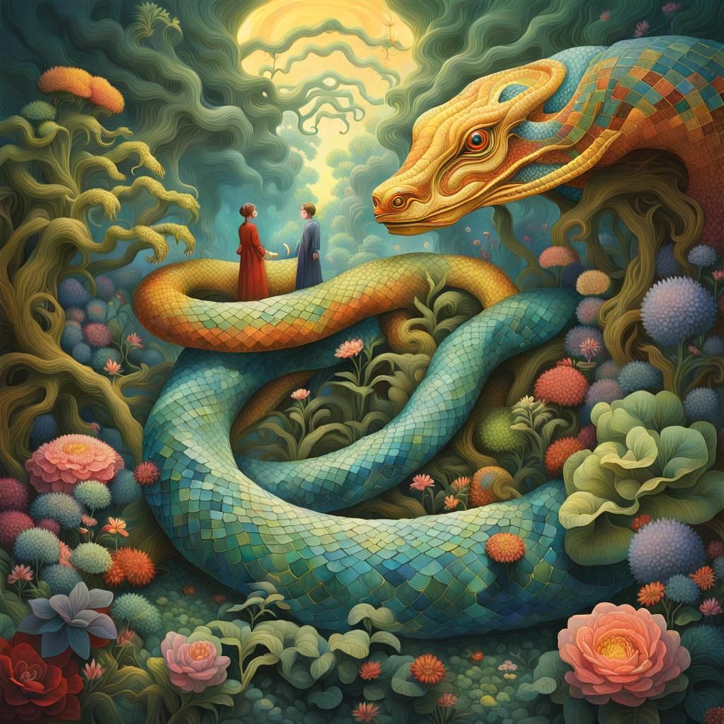 Cosmic Serpent and Knowledge Origin, Detailed Digital Art