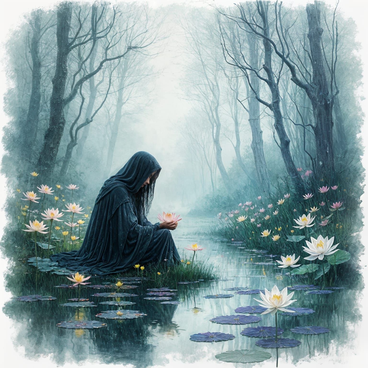 Ethereal Forest Grove With Spectral Figure and Glowing Lotus